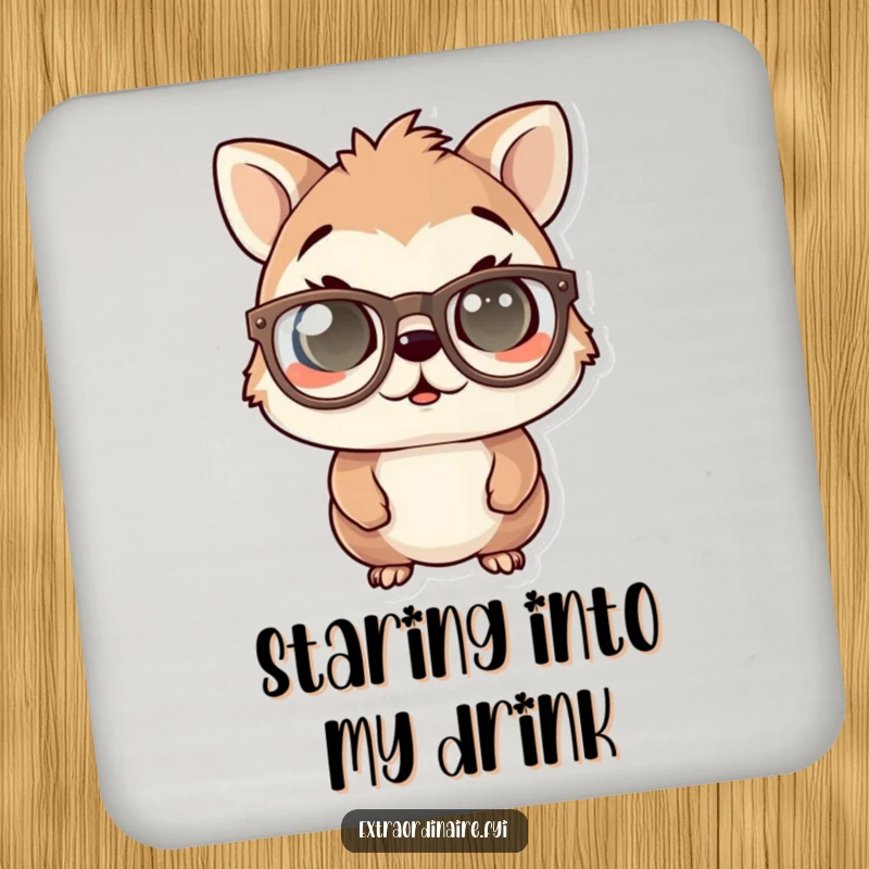 Funny drink coaster with an animal character wearing comically oversized spectacles, eyes wide in a look of amusing surprise.