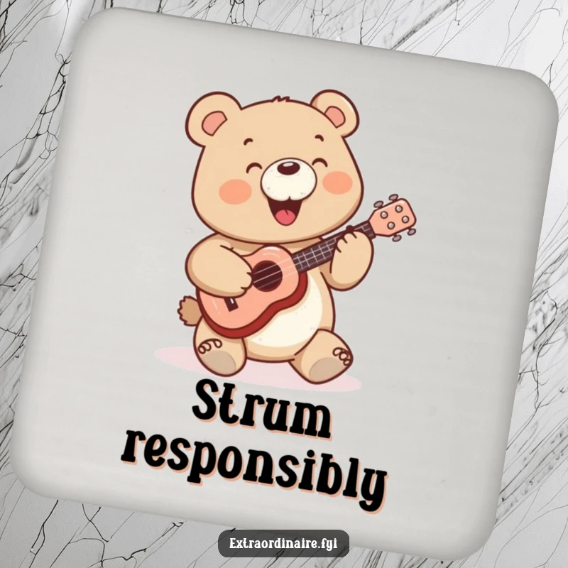 Funny Bear Drink Coaster: A cheerful bear character playing a miniature ukulele.