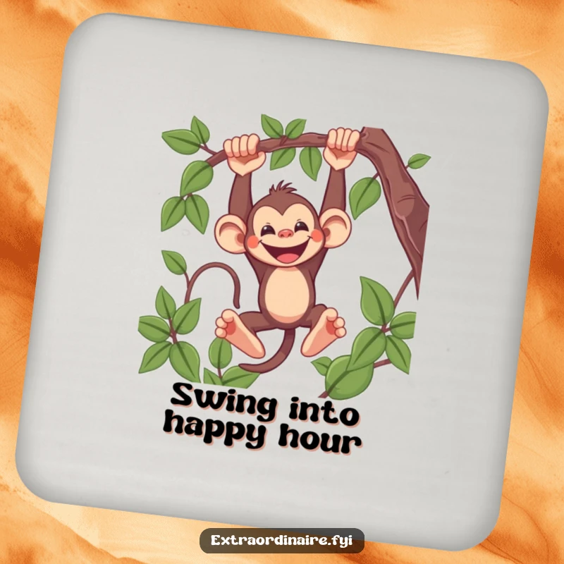 Funny Monkey Drink Coasters depicting a mischievous monkey swinging from a vine with a wide grin, protecting surfaces with humor.