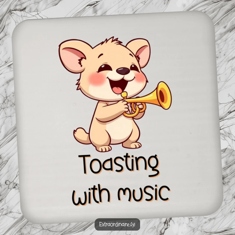 Funny Drink Coaster: Featuring a smiling animal character playing a tiny trumpet, adding musical flair.
