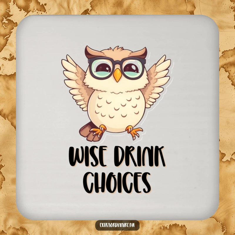 Funny coaster depicting a giggling owl with spectacles attempting flight with mismatched wings, a charming surface protector.