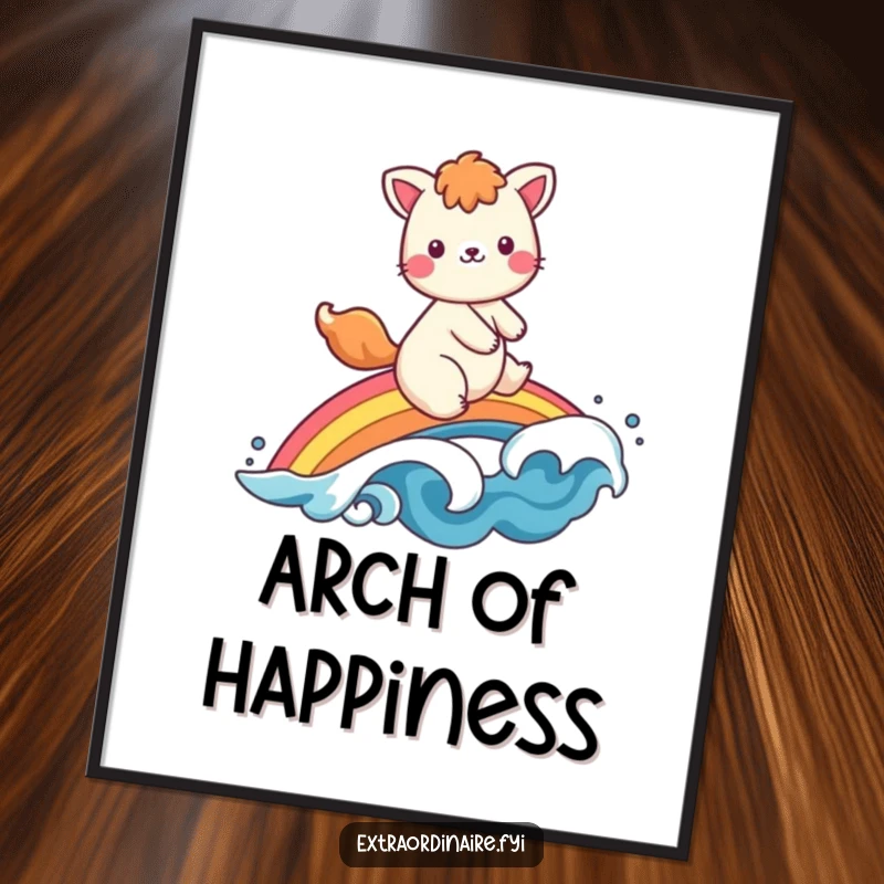 Funny poster art: a cheerful animal character joyfully riding a colorful rainbow, waving happily against a bright, optimistic sky.