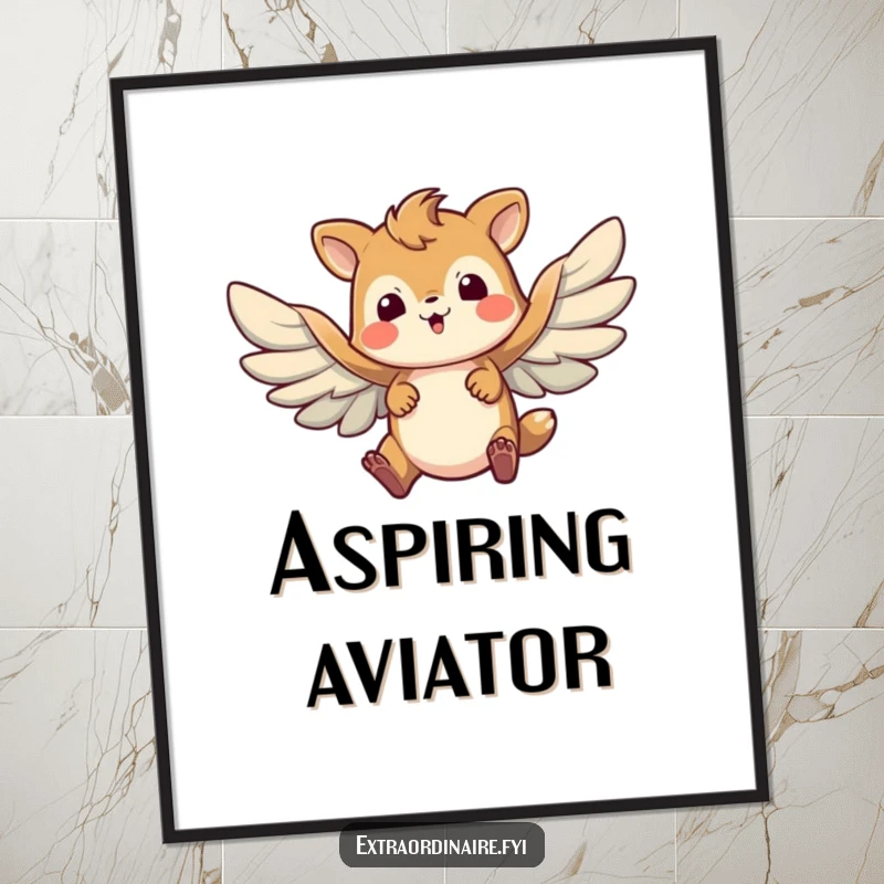 Funny poster art: a brave animal character with comically large, flapping wings, making a determined attempt to fly through the air.