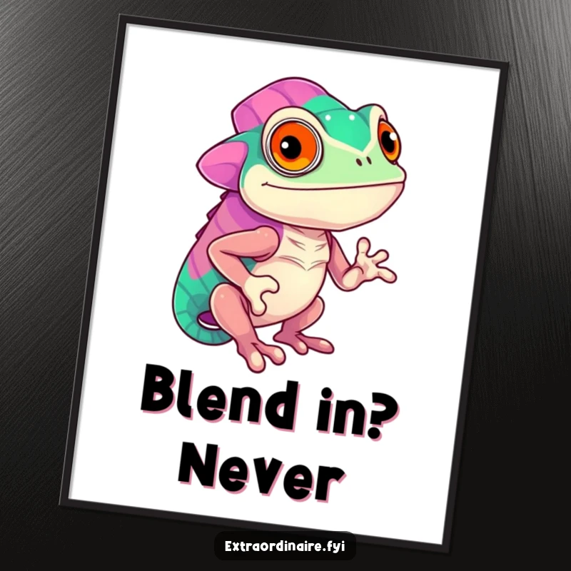 Funny confident chameleon character displaying vibrant, shifting colors, depicted on a poster, adding bold decor, a humorous wall art.