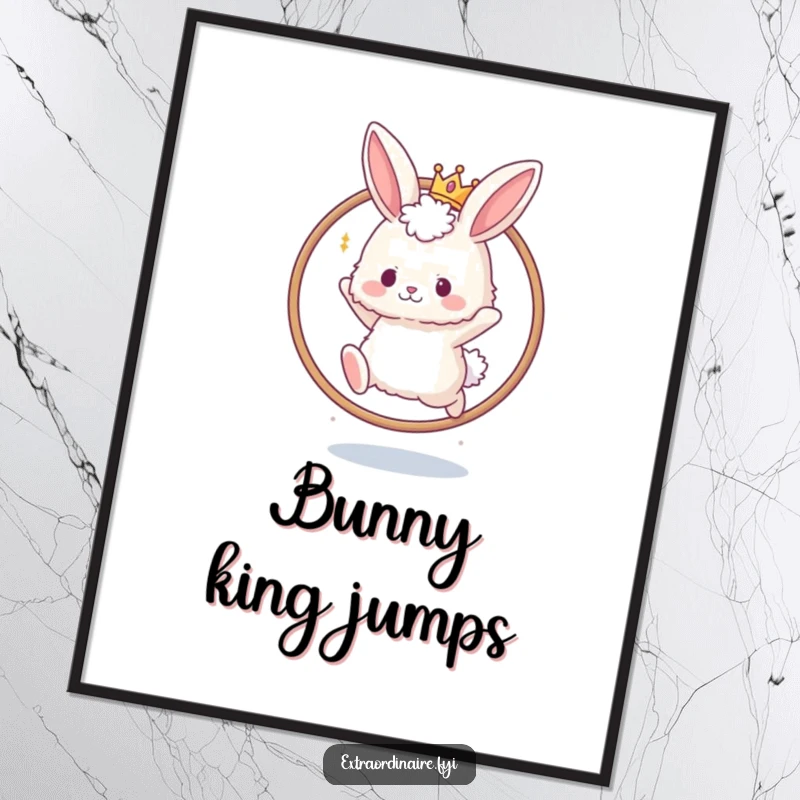 Funny poster illustrating a fluffy bunny in a tiny crown leaping through a hoop. Whimsical and delightful art.