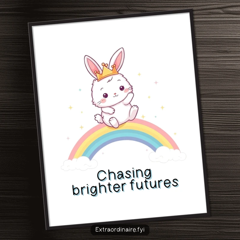 Funny poster art of a fluffy bunny wearing a crown, energetically leaping over a vivid, sparkling rainbow, bringing cheerful decor.