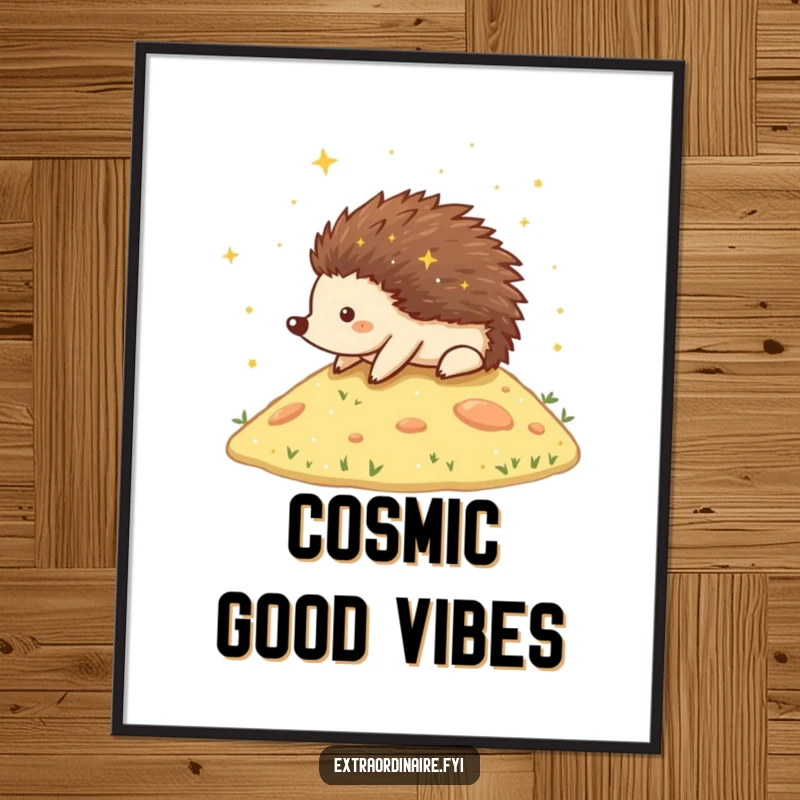 Funny Hedgehog Poster depicting a happy hedgehog rolling down a stardust-covered hill, creating a magical and uplifting visual experience.