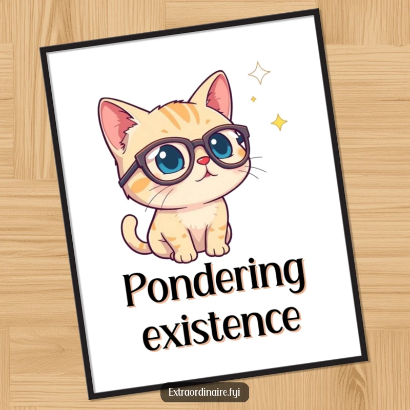 Funny poster of a curious cat wearing oversized spectacles, gazing into a starry void, inspiring wonder and contemplation.