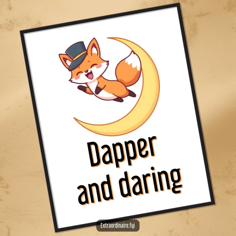 Funny Fox Top Hat Poster: Whimsical night sky art featuring an excited fox in a top hat gracefully leaping over a luminous crescent moon.