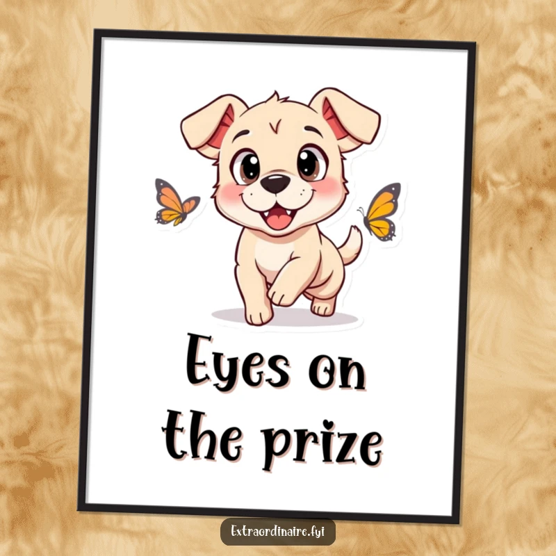 Funny poster illustrating a dog with huge, happy eyes joyfully chasing a fluttering butterfly, capturing pure playful energy.