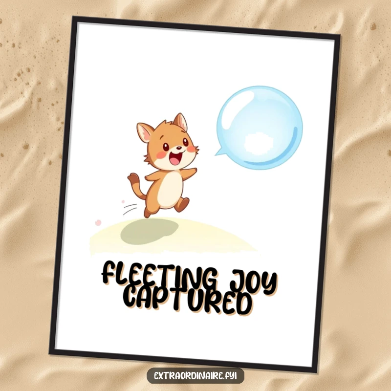 Funny poster art: an animated animal character in mid-leap, chasing a large, shimmering bubble with pure excitement and glee.