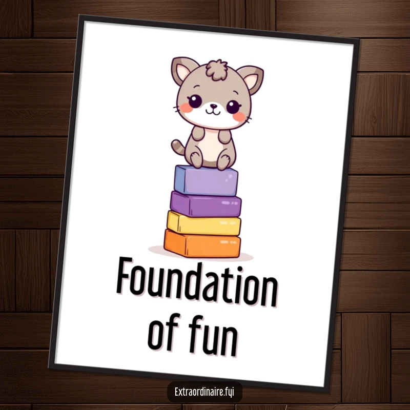 Funny Poster: A playful animal character artfully balances on a tall stack of colorful blocks, exuding charm and humor.