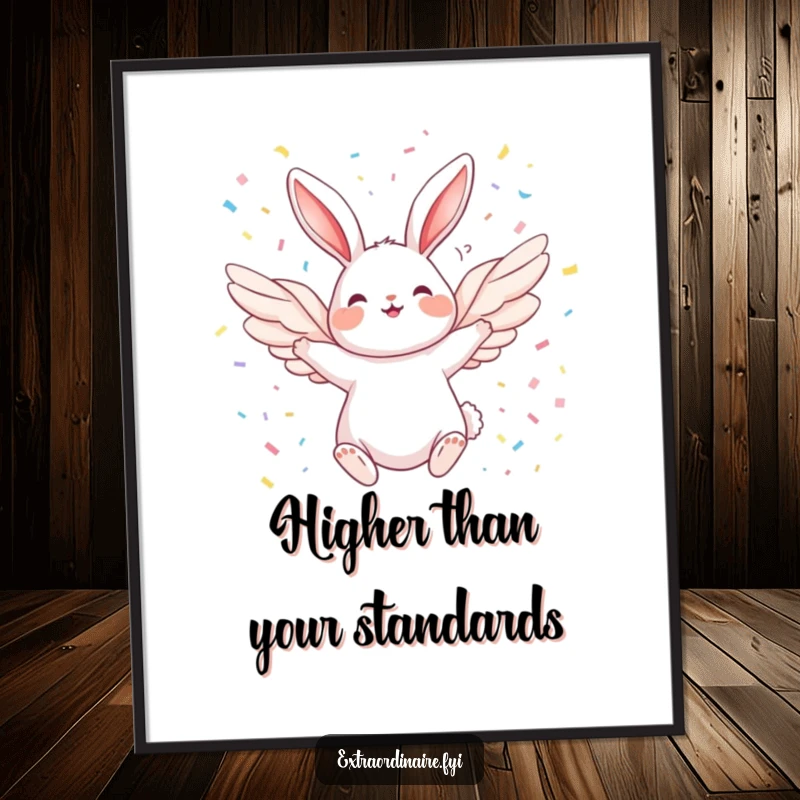 Funny Angel Rabbit Poster: A beautifully depicted joyful rabbit with wings gracefully soaring amidst a vibrant, celebratory confetti shower.