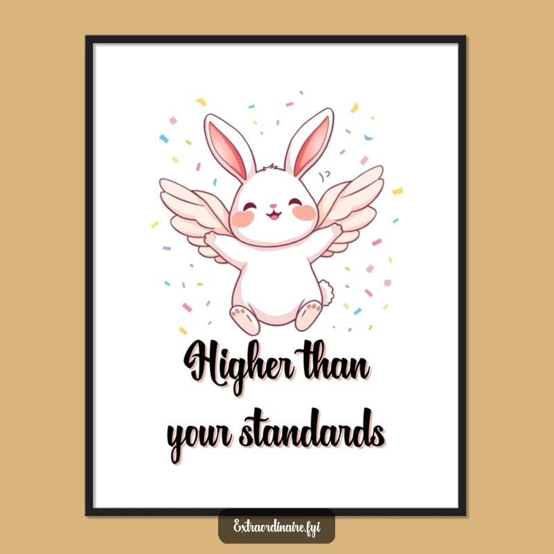 Funny Angel Rabbit Art Print: Joyful Wings and Confetti Celebration Decor