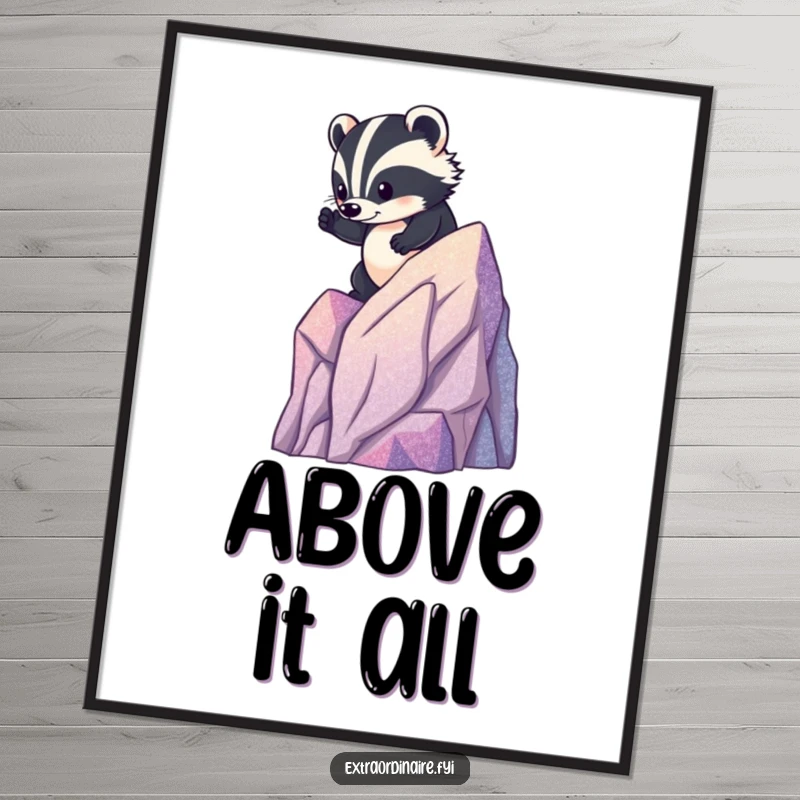 Funny badger mountain poster, a brave rodent heroically climbing a miniature glittery mountain, celebrating ambition and outdoor spirit.