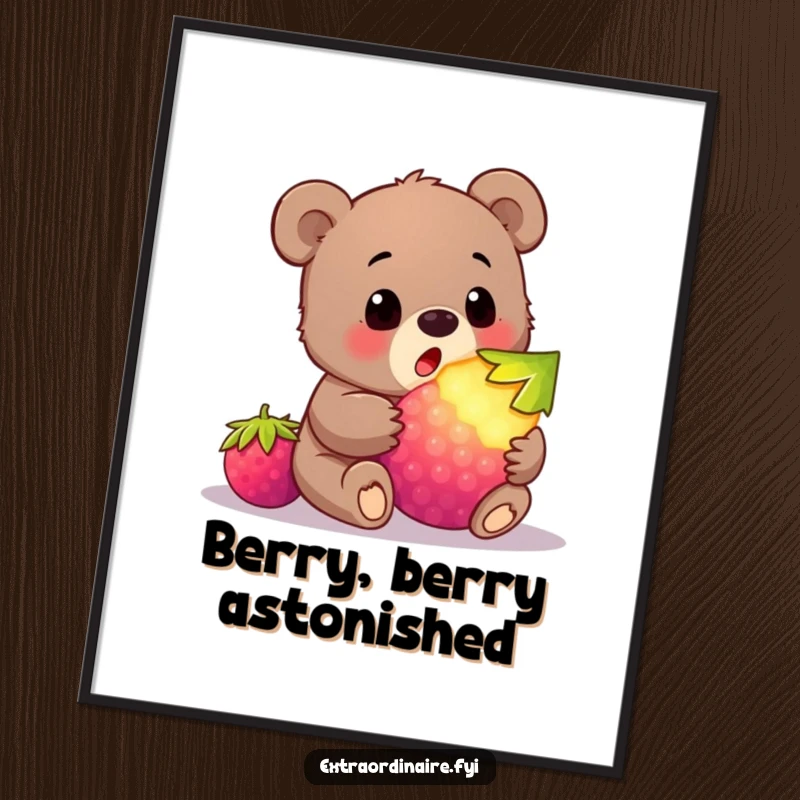Funny bear cub berry poster print showing a cub’s shocked face at a glowing berry, capturing a moment of innocent wonder.
