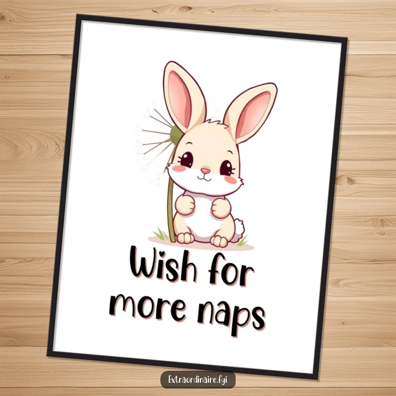 Funny poster illustration of a curious bunny peeking from behind a giant, sparkling dandelion, creating a whimsical scene.