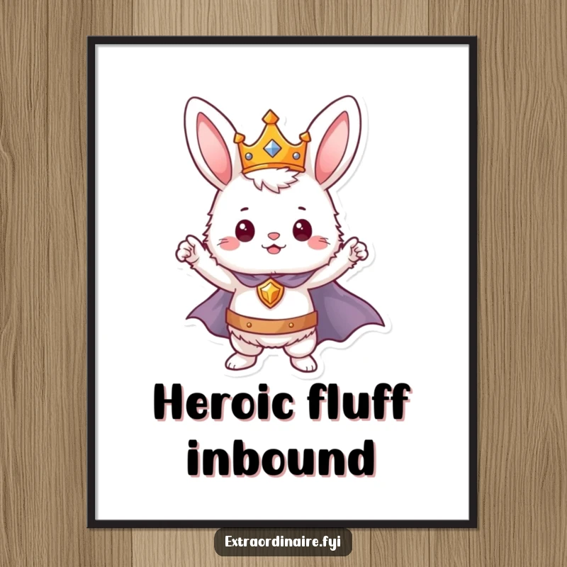 Funny bunny hero poster, a fluffy rabbit in a crown and cape striking a majestic and heroic pose.