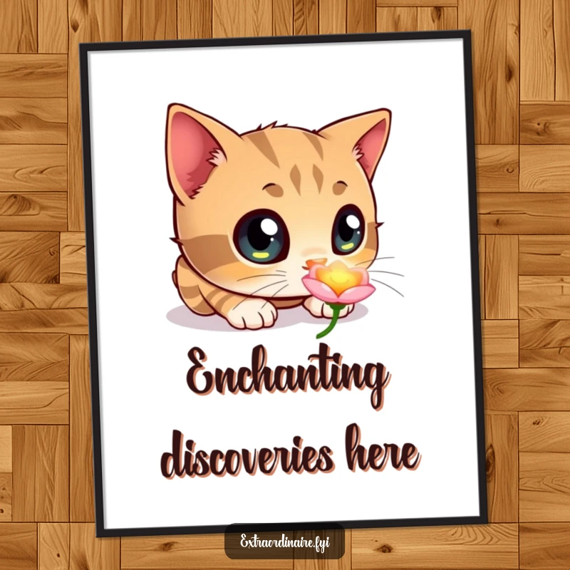 Funny poster art featuring a curious cat with large eyes examining a mysteriously glowing flower, adding whimsical charm.