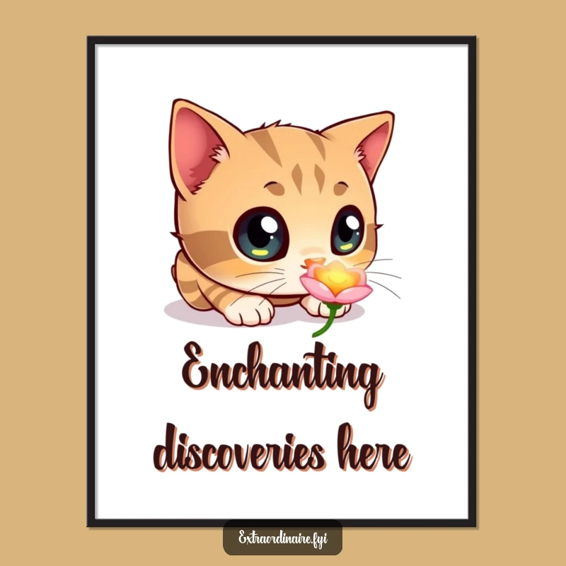 Funny Cat Flower Poster: Curious Exploration Art, Whimsical Home Decor Gift
