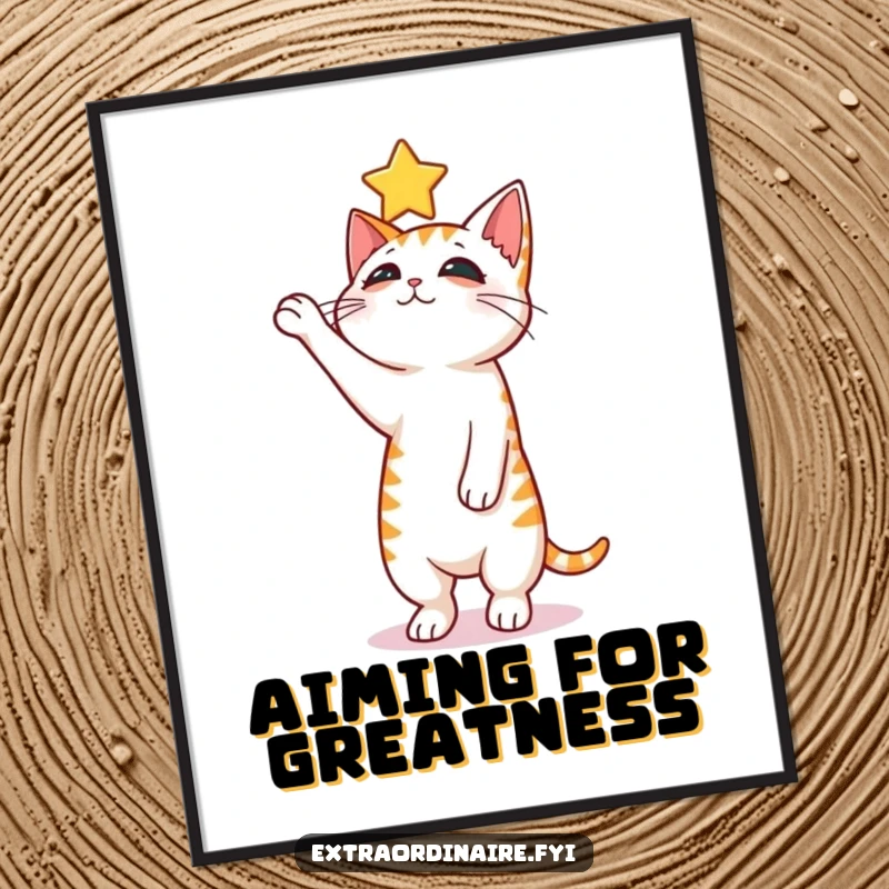 Funny curious cat poster, a cat balancing on hind legs reaching for a distant floating star.