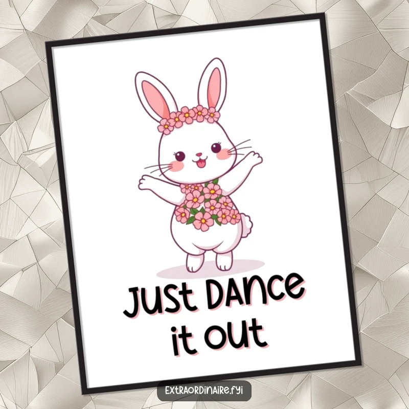 Funny dancing rabbit poster, wearing a flower garland, mid-dance, vibrant colors, perfect for wall decor and a funny gift.