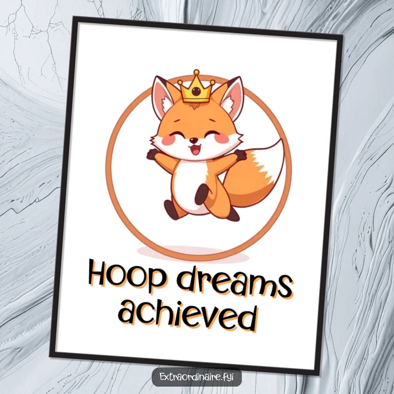 Funny poster art of a cheerful fox wearing a crown, dynamically leaping through a hoop.