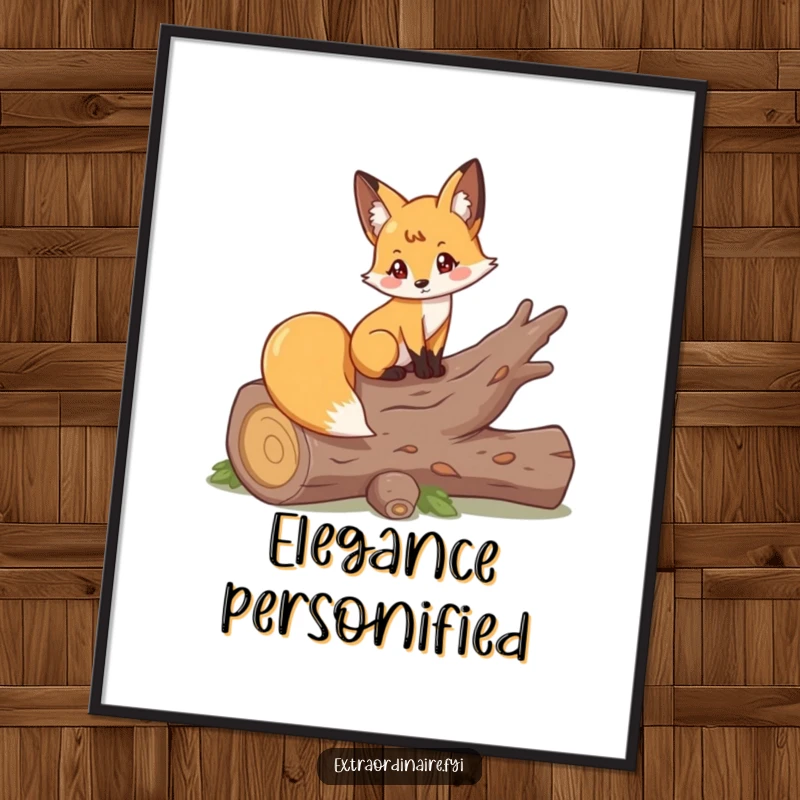 Funny poster showcasing a playful fox in an elegant pose on a fallen log, conveying peaceful woodland vibes.