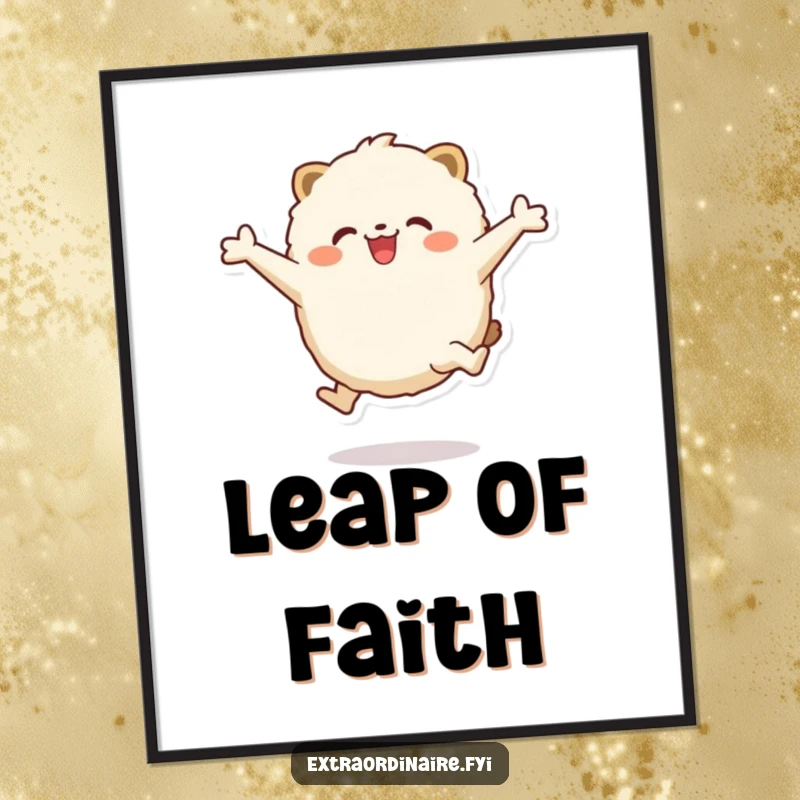 Funny Poster: A fluffy, round animal character captured in an ecstatic leap, arms outstretched, radiating pure joy and movement.