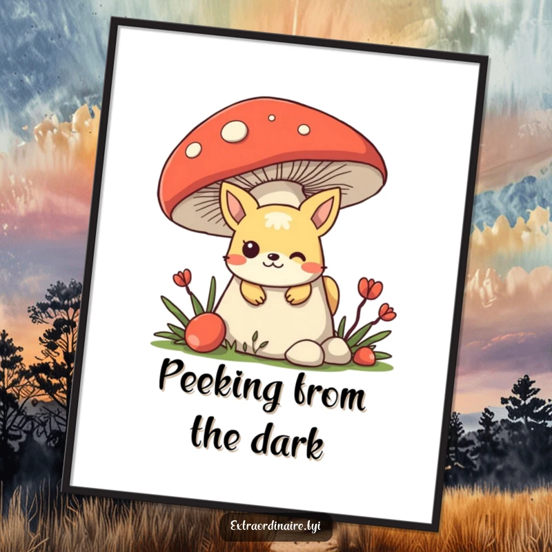 Funny mischievous animal character hiding behind a giant mushroom, peeking out with a sly expression as wall art.