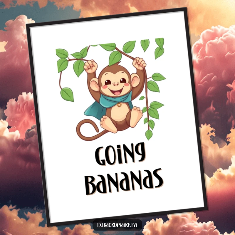 Funny Monkey Cape Swinging Poster: A dynamic illustration of a caped monkey swinging joyfully from a vine, adding funny art.