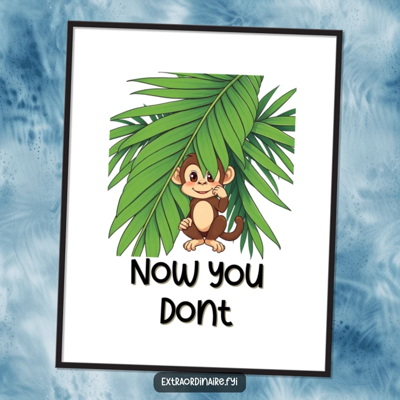 Funny monkey character artfully concealed behind a large palm leaf, bringing mischievous jungle vibes to wall decor.