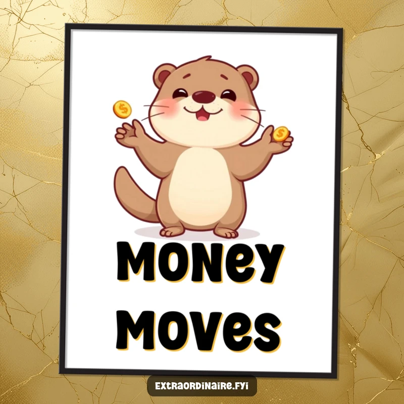 Funny otter poster, skillfully juggling golden coins, radiating cheerful and aquatic humor.