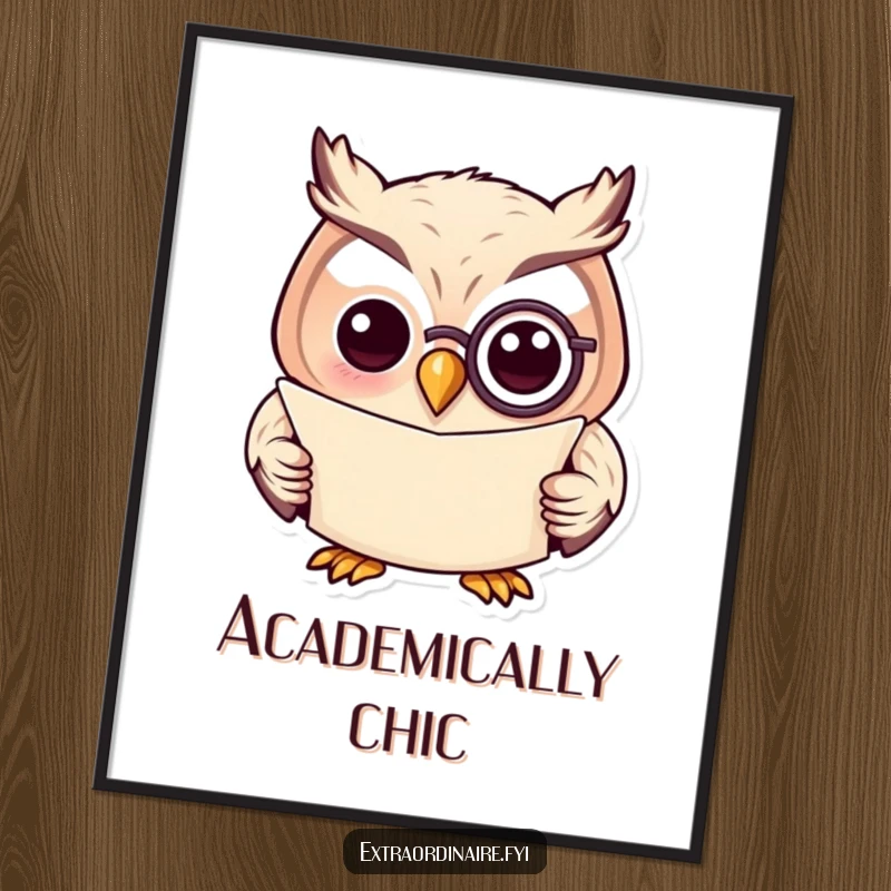 Funny poster art of a wise owl with a monocle reading a scroll, adding sophisticated humor to any room.
