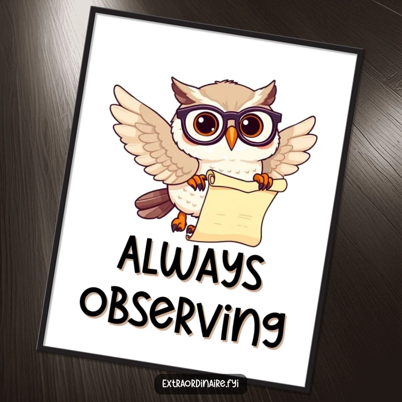 Funny owl scholar poster print showing a beaming owl with spectacles holding a scroll, educational art.