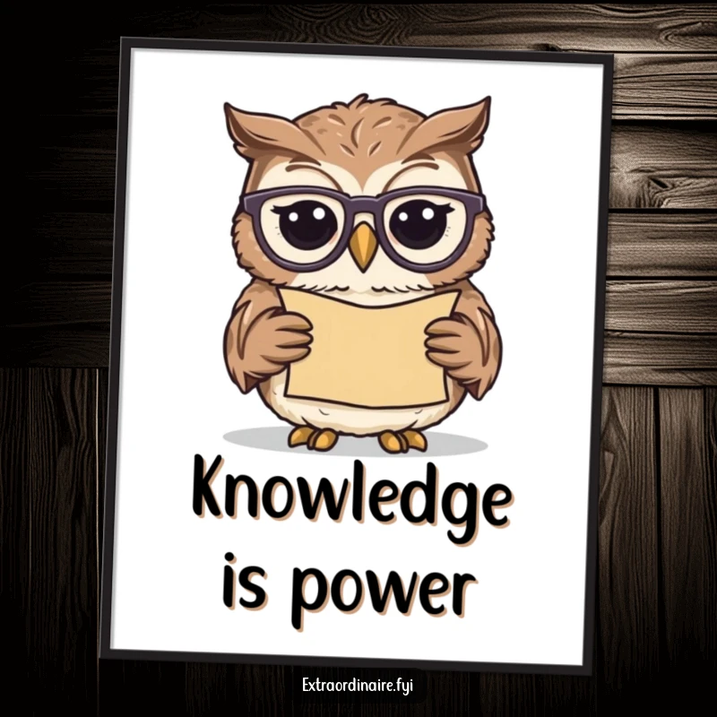 Funny owl scholar poster featuring a wise bird wearing spectacles, engrossed in reading a scroll, adding intellectual humor to decor.