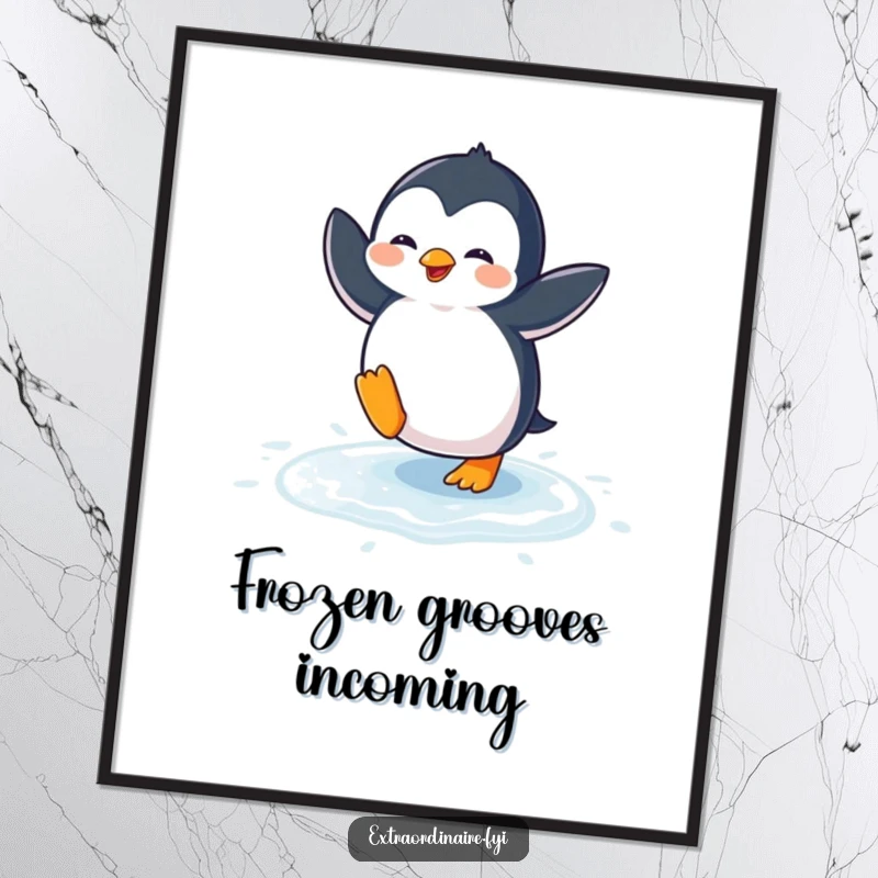Funny penguin dance poster print featuring a penguin in mid-silly dance on a sparkling icy background, full of mirth.