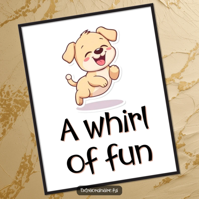 Funny puppy giggling poster, a playful dog chasing its tail in a circle with a happy expression.