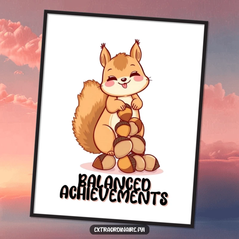 Funny poster art of a giggling squirrel balancing a huge stack of acorns, adding whimsical and humorous decor.