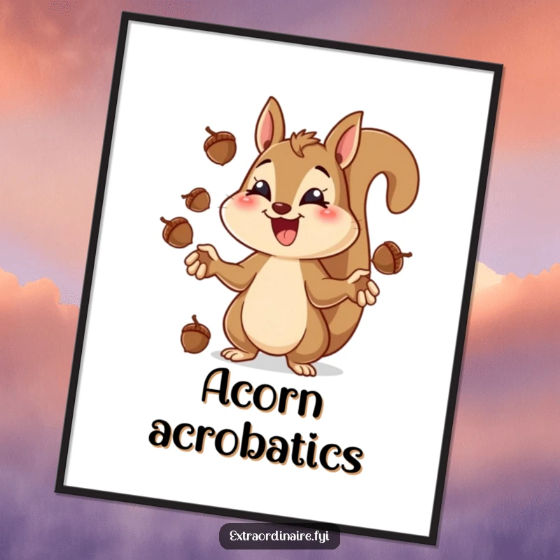 Funny squirrel juggling poster, a cheerful squirrel intensely juggling acorns with extreme concentration.