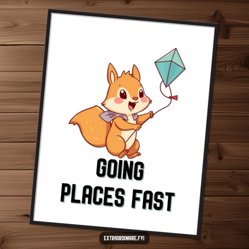 Funny Squirrel Poster: A brave squirrel character is depicted riding a kite, soaring majestically through a clear sky.