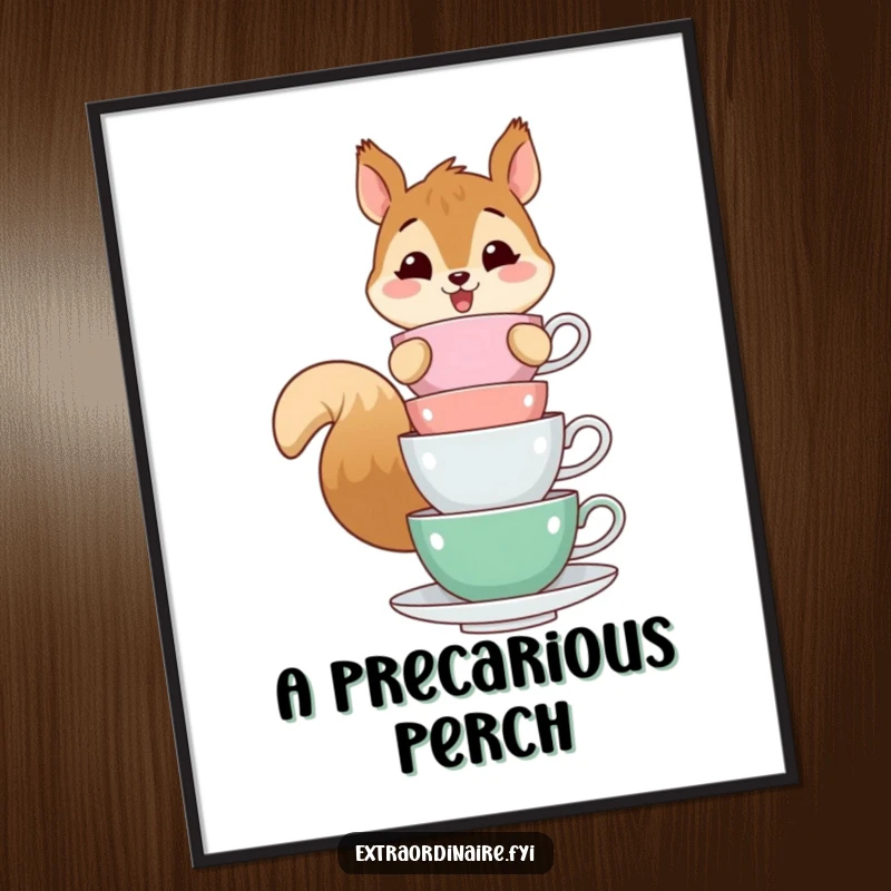 Funny poster art of a cheerful squirrel character balancing a tall stack of teacups, conveying a sense of playful accomplishment.