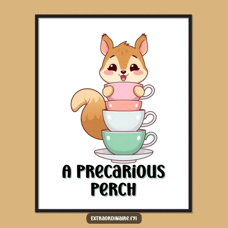 Funny Squirrel Teacup Balance Poster: Whimsical Acrobat Art for Your Walls!