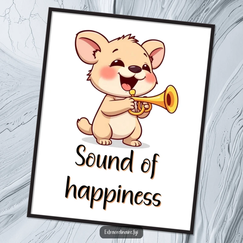 Funny Poster: A happy animal character plays a miniature trumpet with a beaming smile, radiating musical delight.