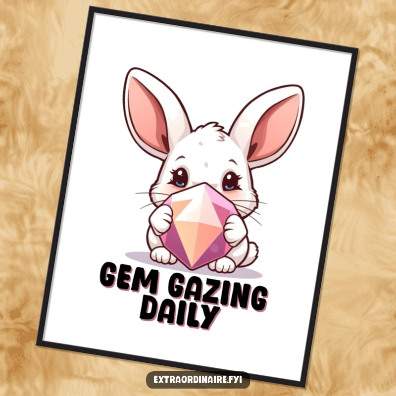 Funny poster art of a curious rabbit with oversized ears peeking from behind a large, sparkling gem.