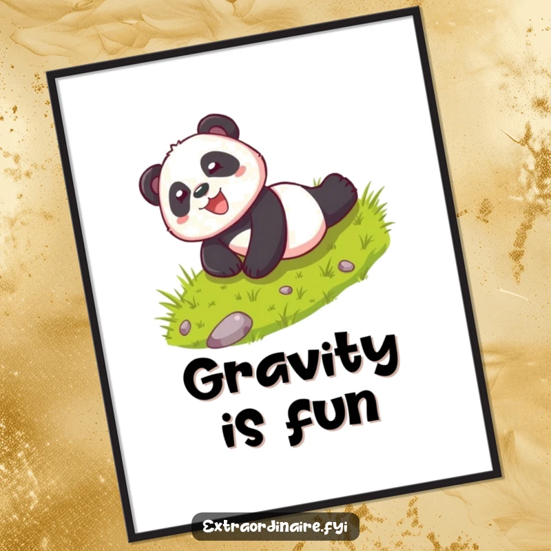 Funny poster of a playful panda character rolling down a hill with glee, creating a dynamic and joyous piece of wall art.