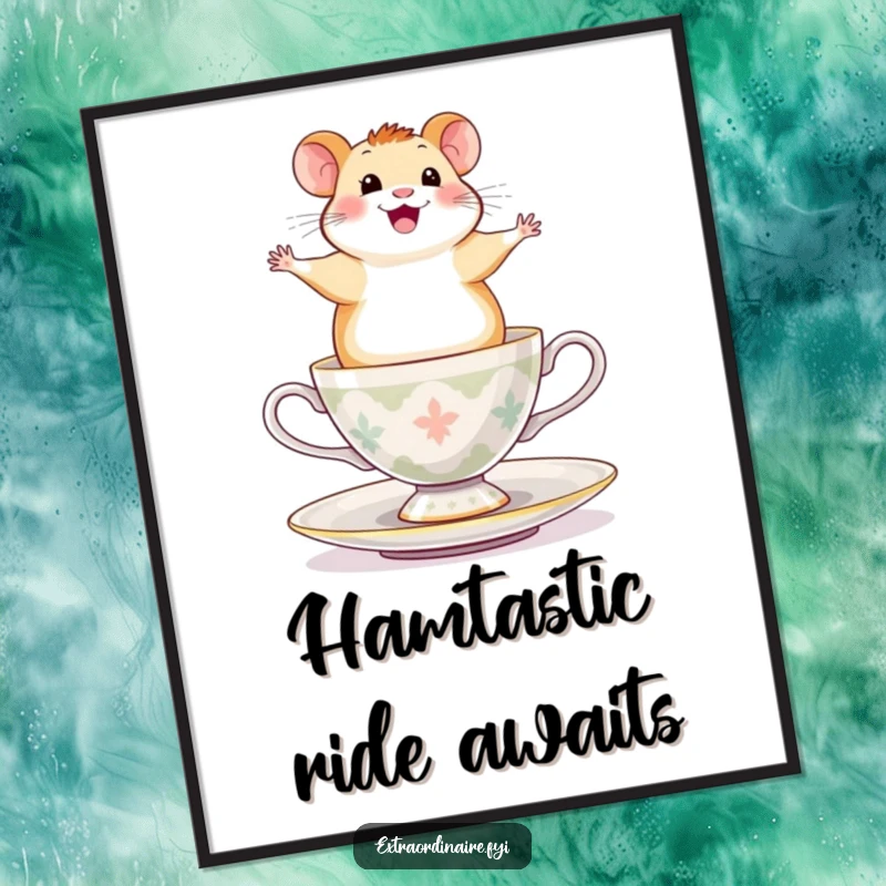 Funny Hamster Poster: An illustration of a happy hamster looking totally exhilarated while balancing on a rapidly spinning teacup.