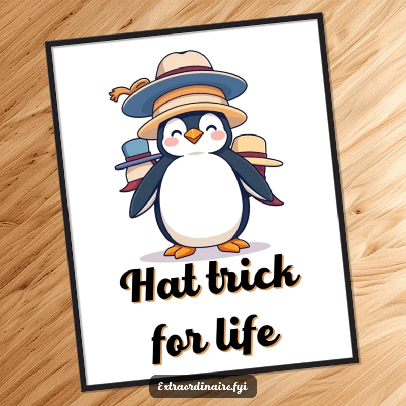 Funny Penguin Hat Stack Poster: A silly penguin precariously balances oversized hats, adding a humorous and charming artistic touch to any wall.