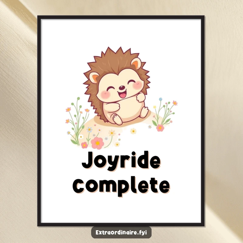 Funny happy hedgehog rolling downhill with a grin amidst tiny blooming flowers, depicted in vibrant wall art.