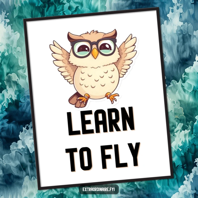 Funny poster illustration of a giggling owl wearing spectacles, comically attempting flight with uneven wings, adding humor.